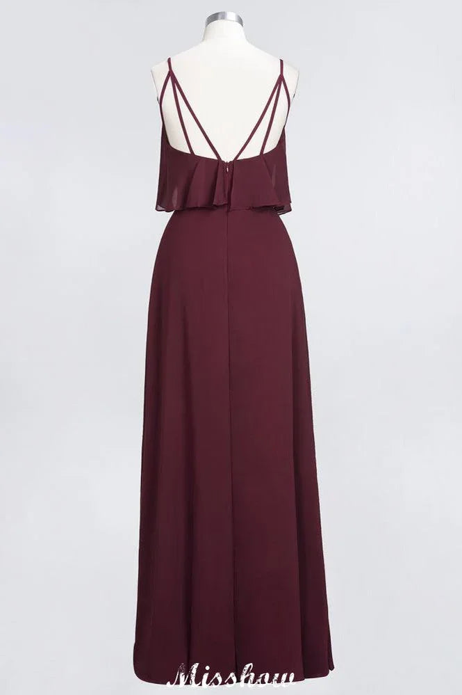 Robe de demoiselle d'honneur bordeaux Shapghetti en mousseline dos nu, robe d'invitée de mariage
