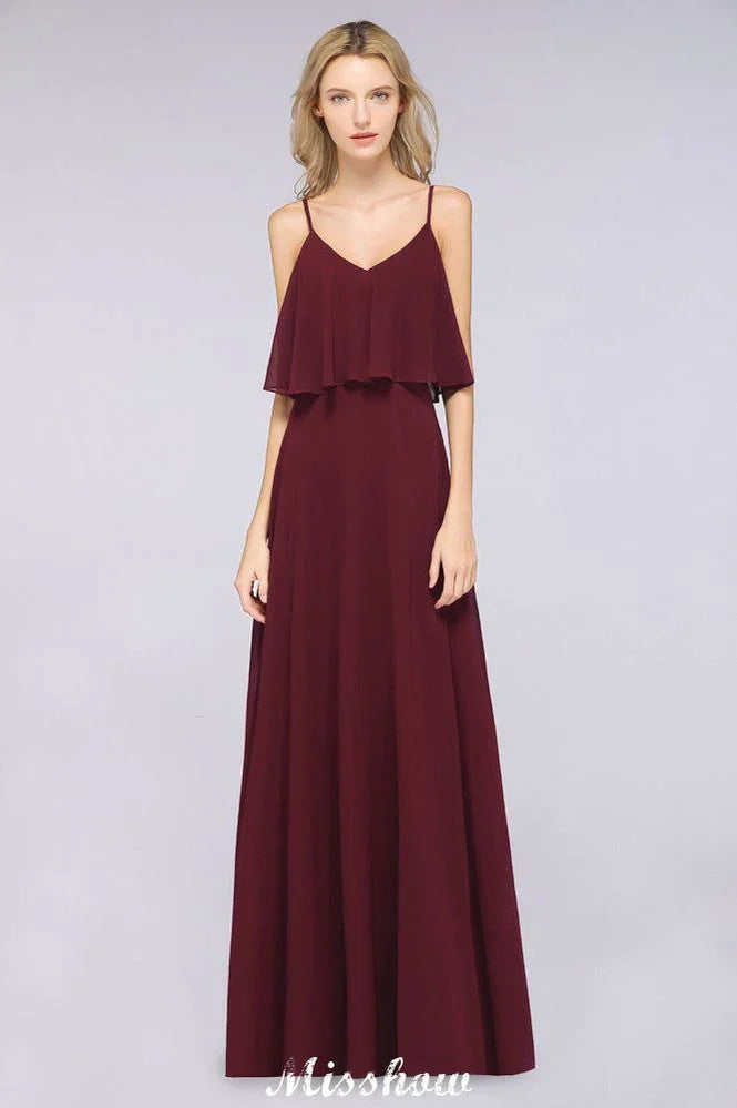Robe de demoiselle d'honneur bordeaux Shapghetti en mousseline dos nu, robe d'invitée de mariage