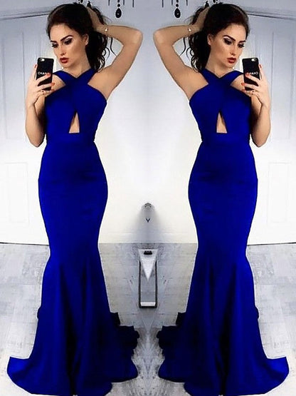 Vestidos de fiesta de satén fruncido, sin mangas, con escote halter y corte entallado