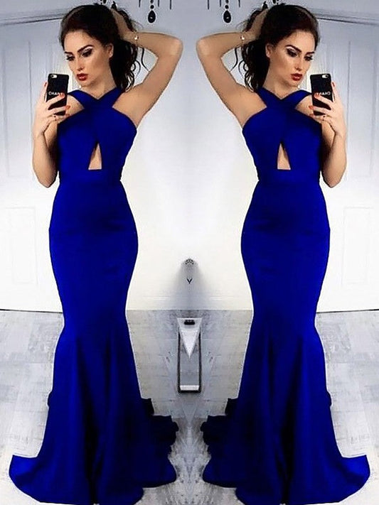 Vestidos de fiesta de satén fruncido, sin mangas, con escote halter y corte entallado