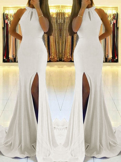 Vestidos de fiesta de crepé elástico, sin mangas, con volantes y cuello halter