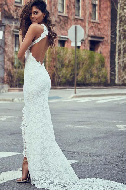 Sheath High Neck Sweep Train Open Back Lace Wedding Dress with Split