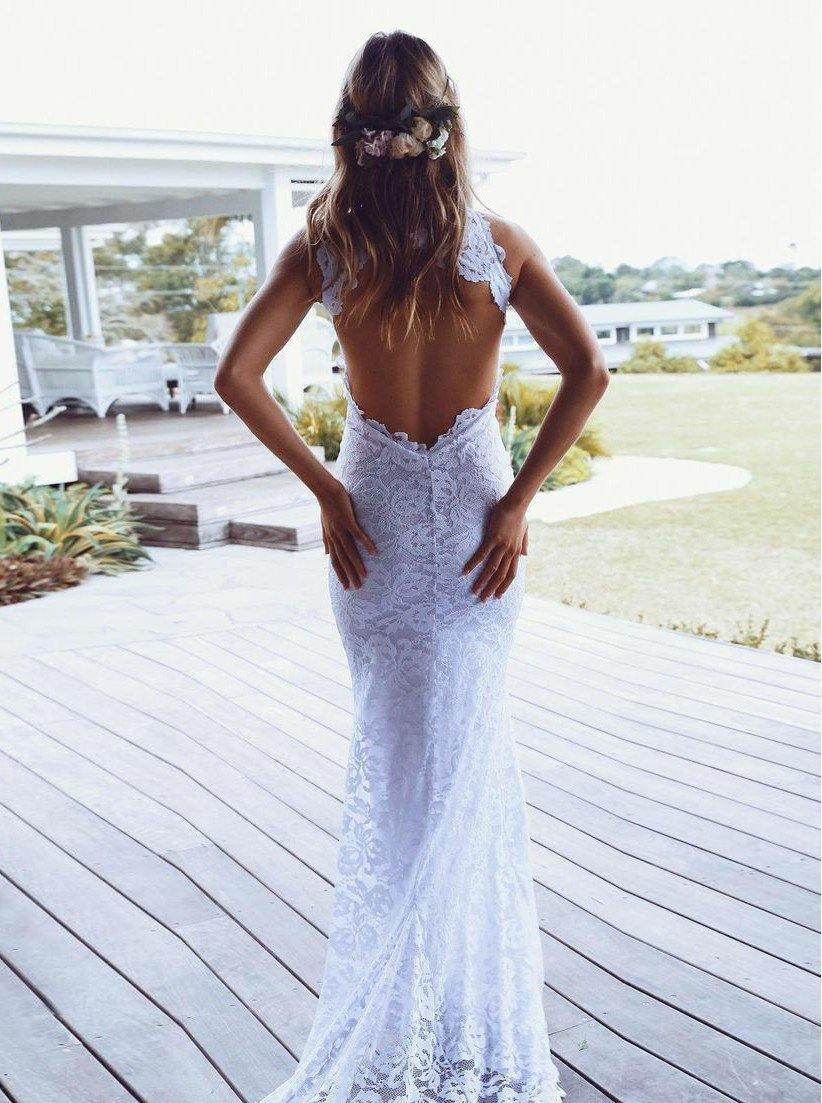 Sheath High Neck Sweep Train Open Back Lace Wedding Dress with Split