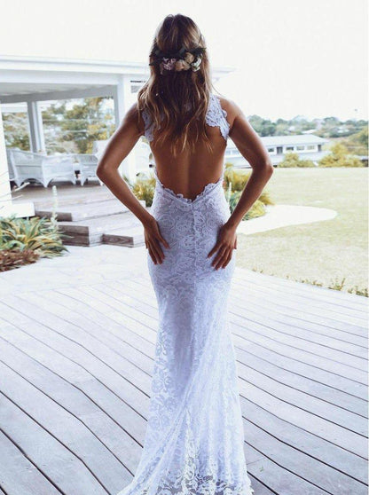 Sheath High Neck Sweep Train Open Back Lace Wedding Dress with Split