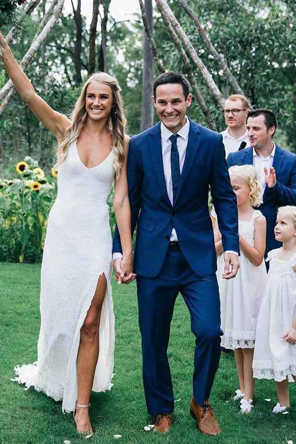 Robe de mariée à jupe fendue, dos nu en dentelle, décolleté rond, sans manches, traîne courte