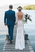 Sheath/Column  Lace Wedding Dress With Long Sleeve Open Back Bridal Gown
