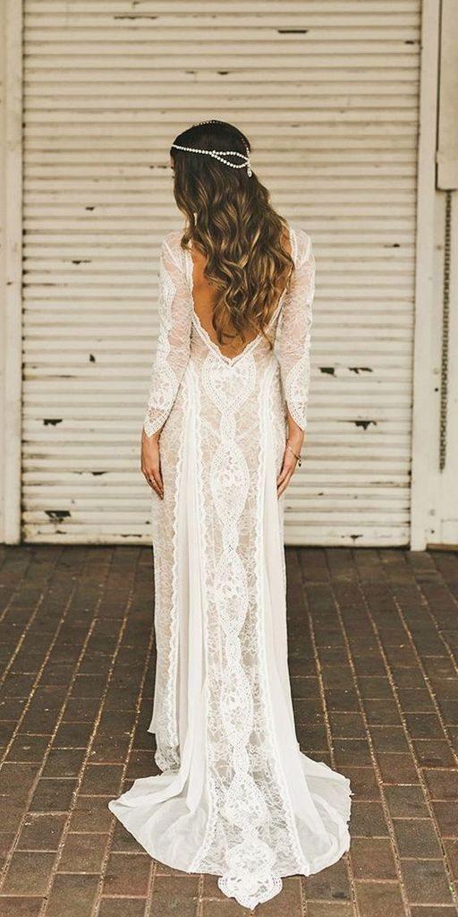 Sheath/Column  Lace Wedding Dress With Long Sleeve Open Back Bridal Gown