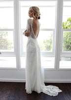 Sheath/Column  Lace Wedding Dress With Long Sleeve Open Back Bridal Gown