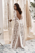 Sheath/Column  Lace Wedding Dress With Long Sleeve Open Back Bridal Gown