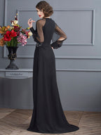 Abito da sera lungo in chiffon con maniche lunghe, perline, modello aderente a colonna