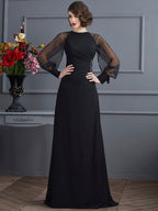 Abito da sera lungo in chiffon con maniche lunghe, perline, modello aderente a colonna