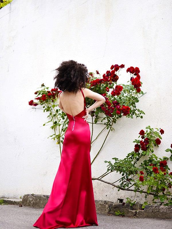 Vestidos de fiesta de satén tipo seda, con escote en V, sin mangas y volantes, corte tubo/columna