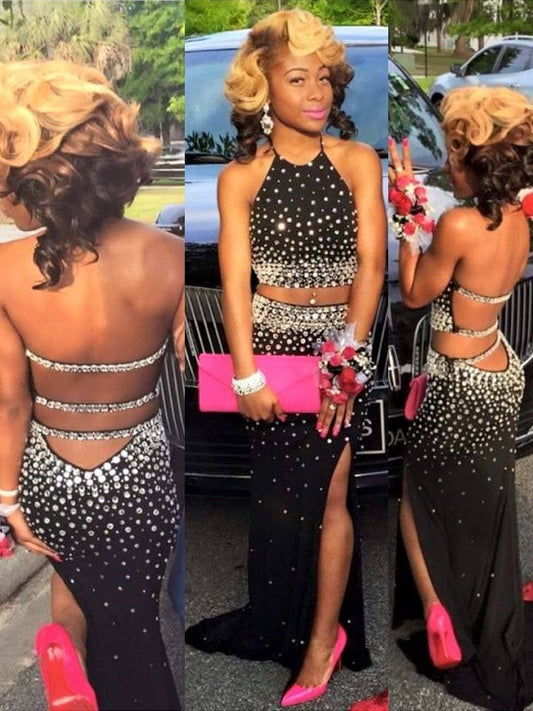 Etui-Linie/Säule Ärmellos Neckholder Perlen verziert Chiffon Zweiteilige Ballkleider