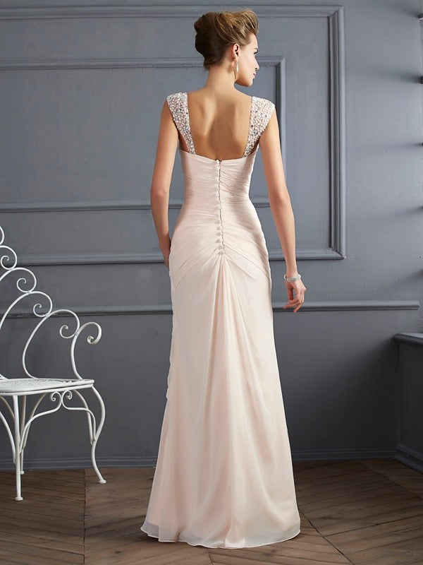 Abiti da cerimonia lunghi in chiffon con perline, senza maniche, con cinturini a fodera/colonna