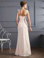 Abiti da cerimonia lunghi in chiffon con perline, senza maniche, con cinturini a fodera/colonna