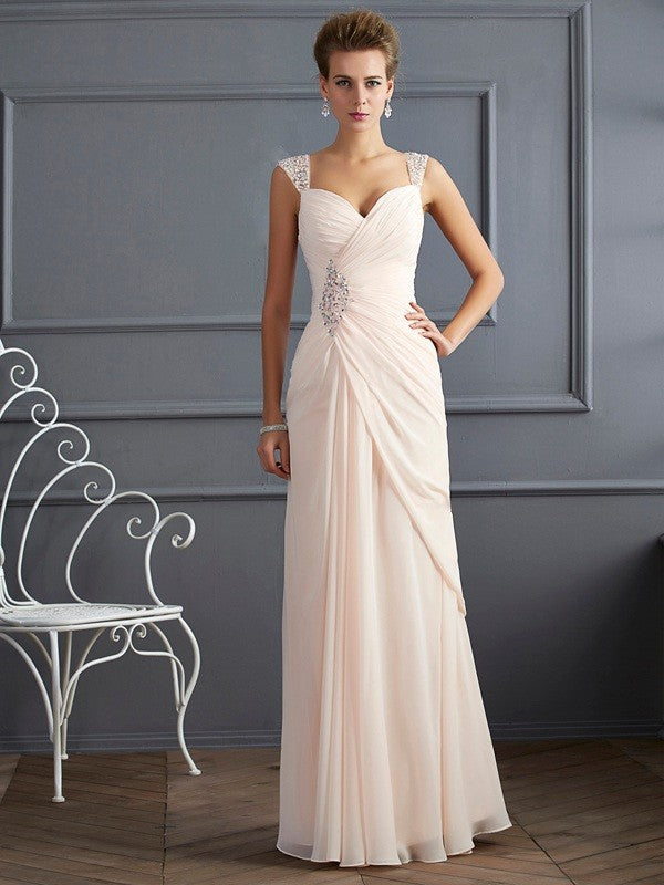 Abiti da cerimonia lunghi in chiffon con perline, senza maniche, con cinturini a fodera/colonna