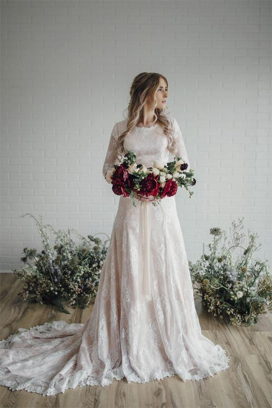 Transparentes, langes Ärmel, Spitze, schlichtes Brautkleid, Hochzeitskleid