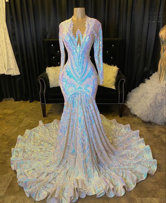 Vestidos de Baile com Lantejoulas, Aplicações, Decote em V, Manga Comprida e Brilho de Sereia
