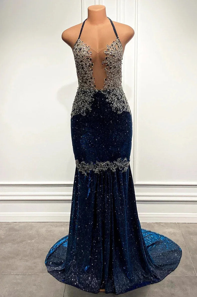 Abiti da sera sirena lunghi fino a terra senza maniche con scollo a V e paillettes scintillanti