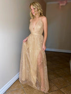 Abito lungo lucido a linea ad A con scollo a V, schiena scoperta, da sera, formale, per ballo di fine anno e laurea