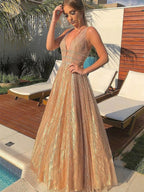 Robes longues de bal de fin d'études formelles étincelantes, dos nu, col en V, coupe trapèze brillante