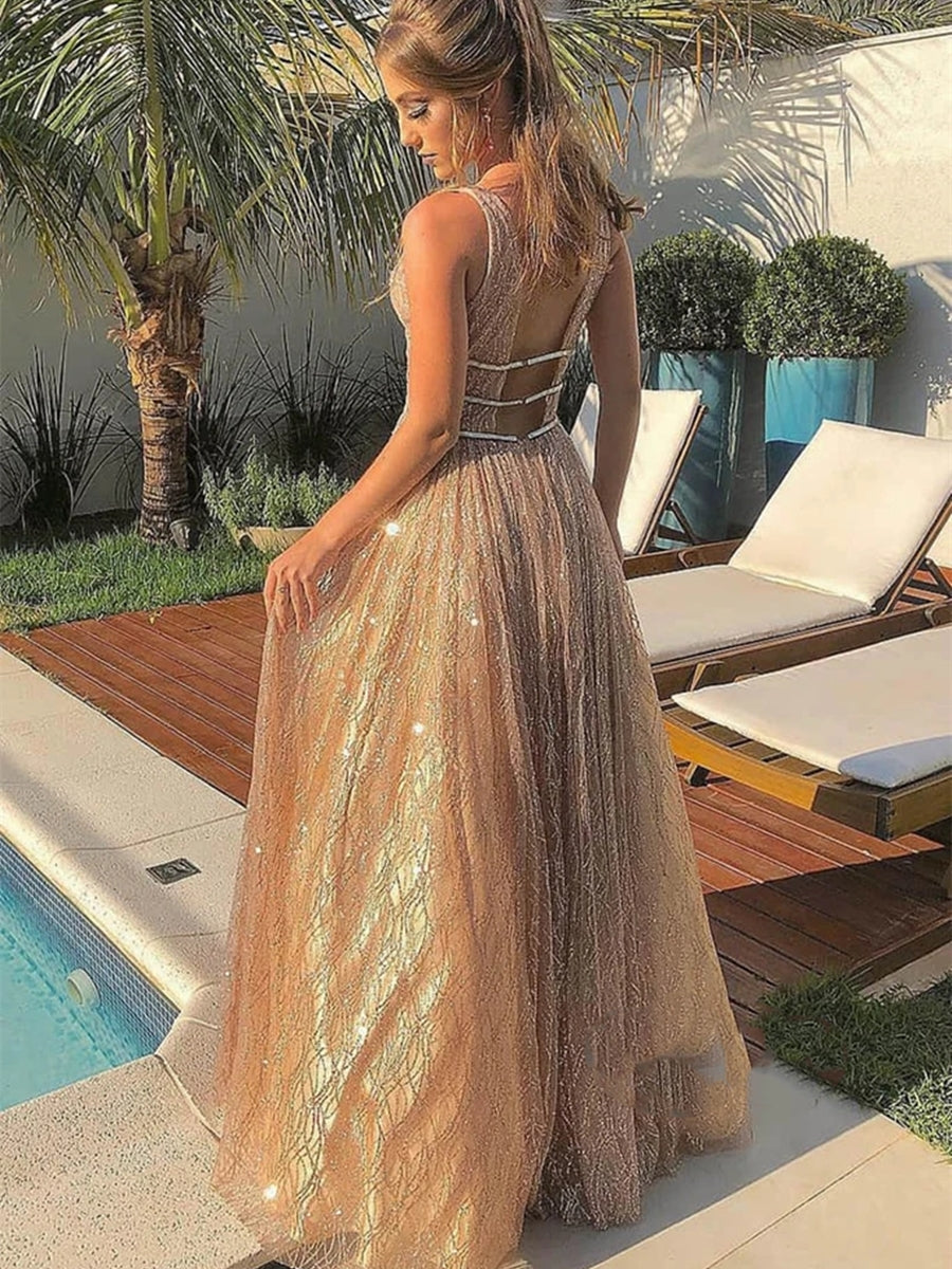 Robes longues de bal de fin d'études formelles étincelantes, dos nu, col en V, coupe trapèze brillante