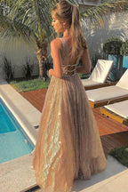 Robes longues de bal de fin d'études formelles étincelantes, dos nu, col en V, coupe trapèze brillante