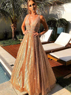 Robes longues de bal de fin d'études formelles étincelantes, dos nu, col en V, coupe trapèze brillante