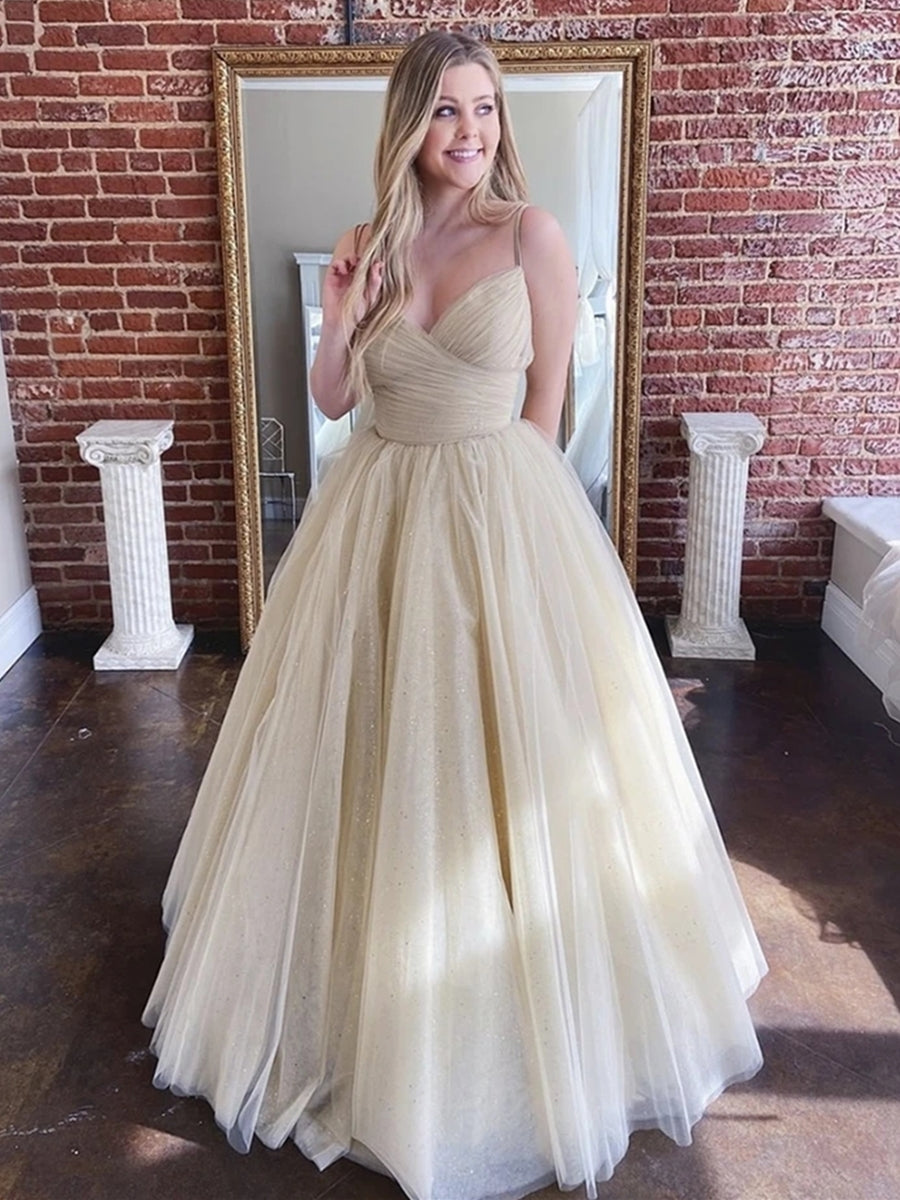 Shiny A-line V Neck Tulle Long Prom Formal Evening Dresses