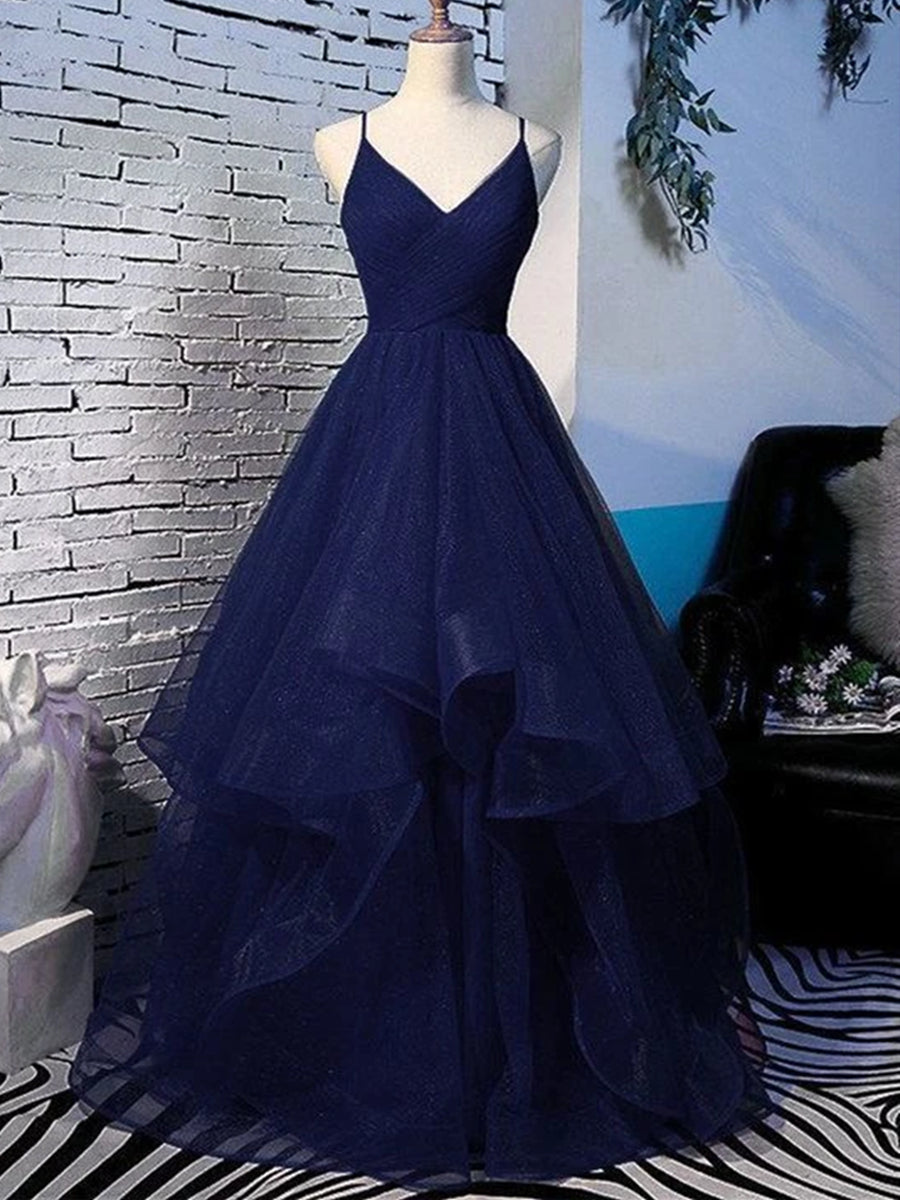 Abito lungo a linea ad A lucido blu scuro con scollo a V e tulle vaporoso per serate formali e balli di fine anno