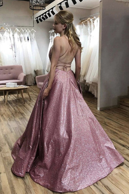 Vestidos de noche formales brillantes de corte A largo con tirantes finos y espalda abierta