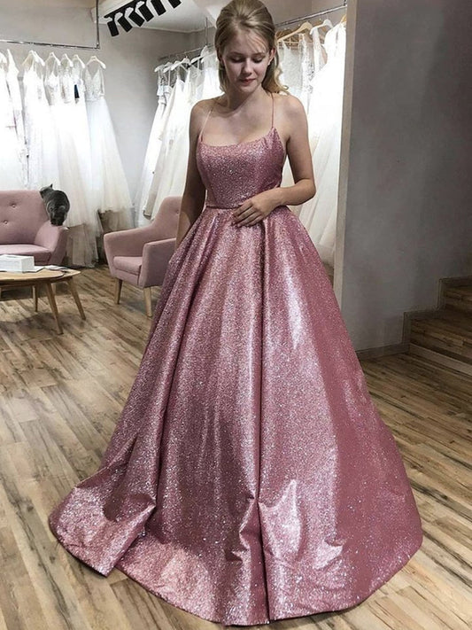 Vestidos de noche formales brillantes de corte A largo con tirantes finos y espalda abierta