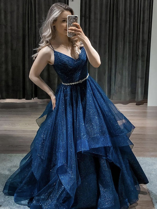 Shiny Long A-line V Neck Fluffy Tulle Graduation Prom Dresses with Belt