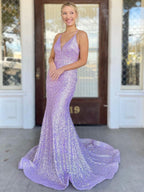 Abito lungo lucente da sirena con scollo a V, schiena scoperta, paillettes, formale per serate di gala e balli di fine anno
