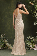 Vestido de Damas de Honra/Baile com Alças Finas de Lantejoulas Brilhantes, Decote em V e Comprimento até ao Chão, Modelo Sereia