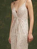 Vestido de Damas de Honra/Baile com Alças Finas de Lantejoulas Brilhantes, Decote em V e Comprimento até ao Chão, Modelo Sereia