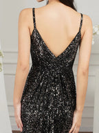 Vestido de Damas de Honra/Baile com Alças Finas de Lantejoulas Brilhantes, Decote em V e Comprimento até ao Chão, Modelo Sereia