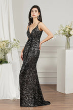 Vestido de Damas de Honra/Baile com Alças Finas de Lantejoulas Brilhantes, Decote em V e Comprimento até ao Chão, Modelo Sereia