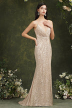 Vestido de Damas de Honra/Baile com Alças Finas de Lantejoulas Brilhantes, Decote em V e Comprimento até ao Chão, Modelo Sereia