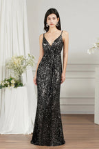 Vestido de Damas de Honra/Baile com Alças Finas de Lantejoulas Brilhantes, Decote em V e Comprimento até ao Chão, Modelo Sereia