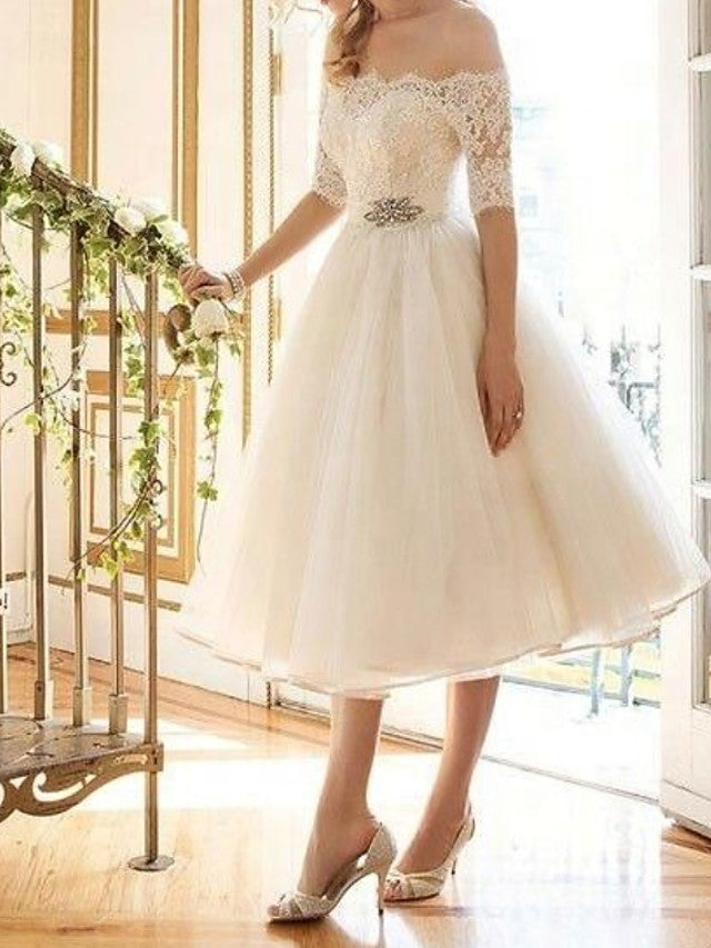 Short A-Line Off Shoulder Lace Tulle Wedding Dresses with Sleeves