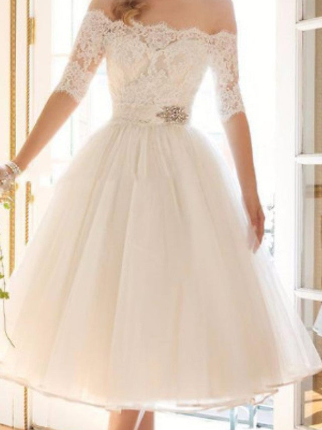 Short A-Line Off Shoulder Lace Tulle Wedding Dresses with Sleeves