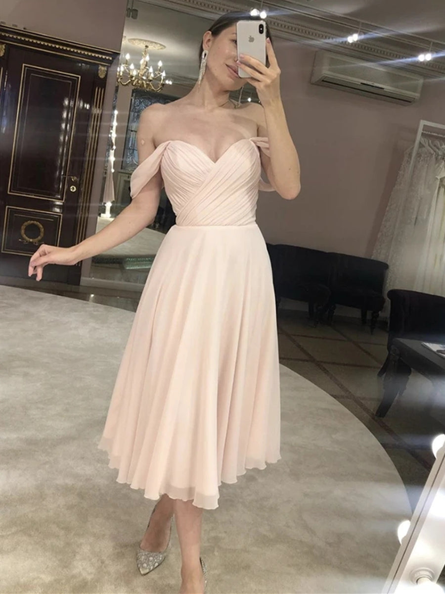 Short A-line Off the Shoulder Tea Length Prom Graduation Homecoming Dresses