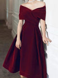 Short A-line Off the Shoulder Velvet Prom Dress Burgundy Formal Graduation Evening Dresses