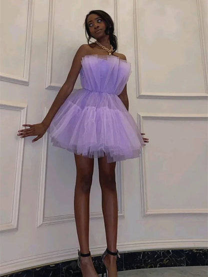 Short A-line Princess Strapless Tulle Prom Homecoming Dresses