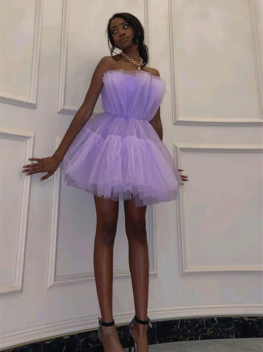 Short A-line Princess Strapless Tulle Prom Homecoming Dresses