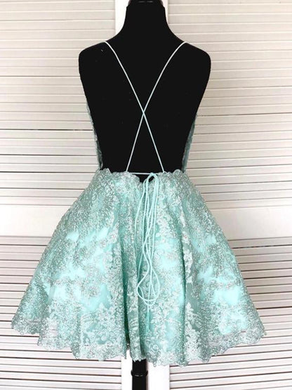 Short A-line Sleeveless Lace Open Back Formal Graduation Homecoming Dresses