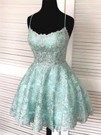 Short A-line Sleeveless Lace Open Back Formal Graduation Homecoming Dresses