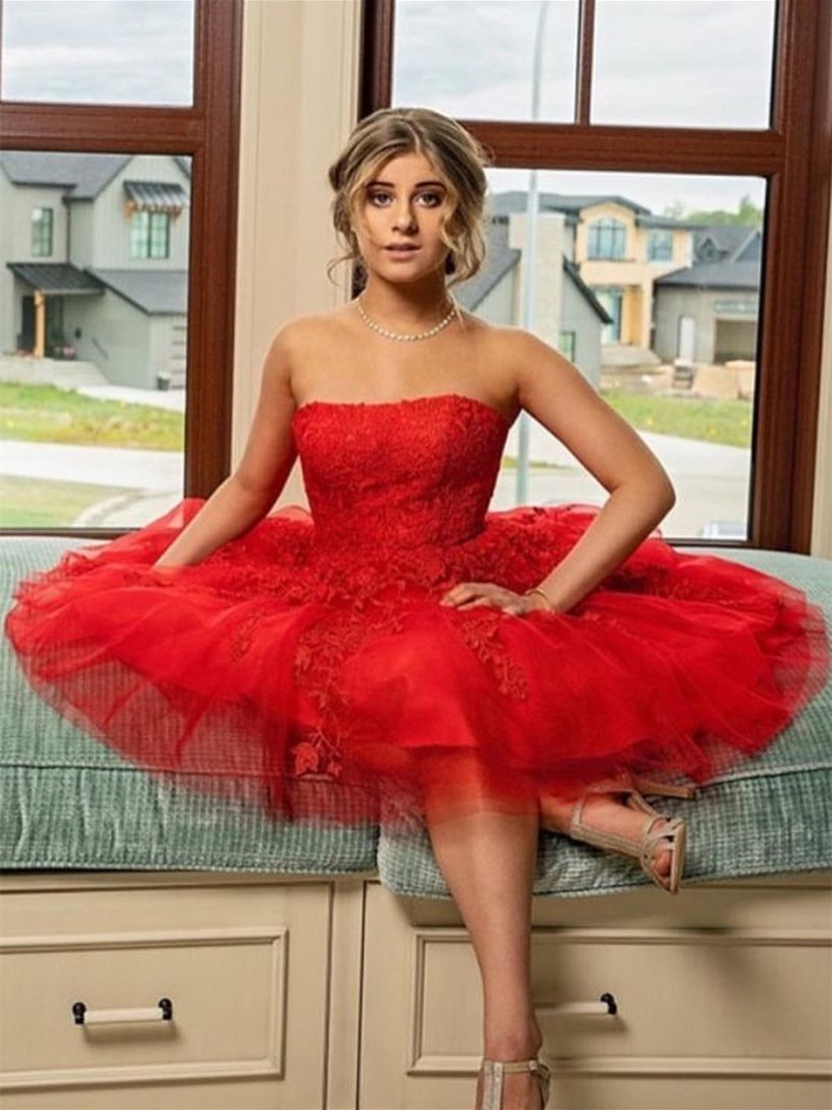 Robe de bal courte en tulle et dentelle rouge, sans bretelles, coupe trapèze, robe de rentrée scolaire