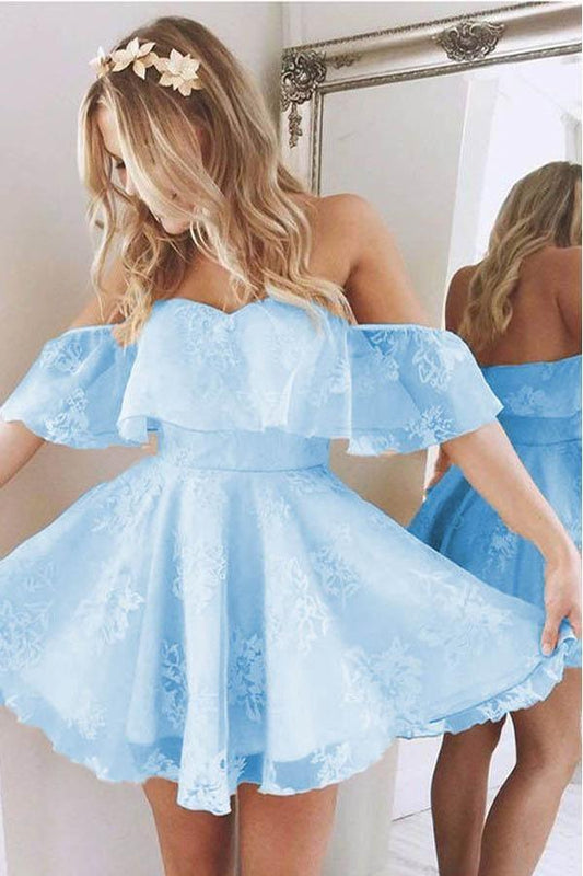 Vestidos de fiesta de bienvenida cortos de encaje con escote en forma de A y volantes en los hombros